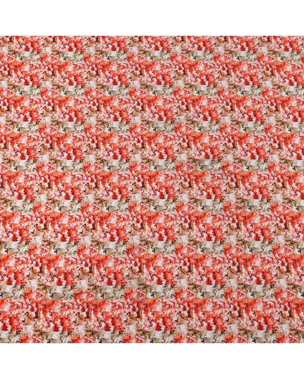 Coral Red with Beige and White Abstract Leafy Brushstroke Print Synthetic Crepe Fabric, Nature-Inspired Digital Art Design, 110 Cms Width, Made in India-D23772