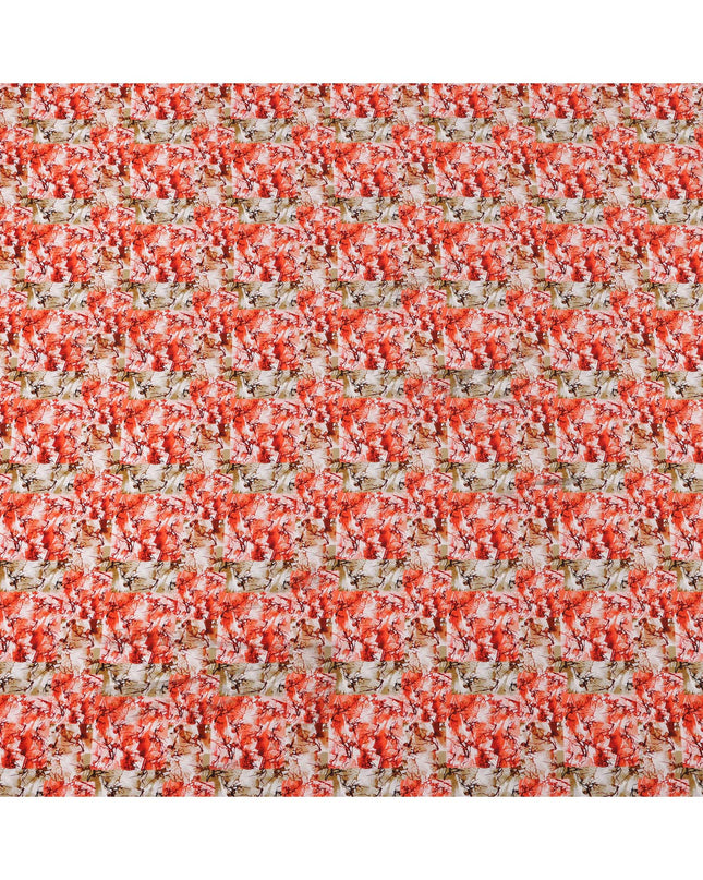 Coral Red with Beige and White Abstract Leafy Brushstroke Print Synthetic Crepe Fabric, Nature-Inspired Digital Art Design, 110 Cms Width, Made in India-D23772