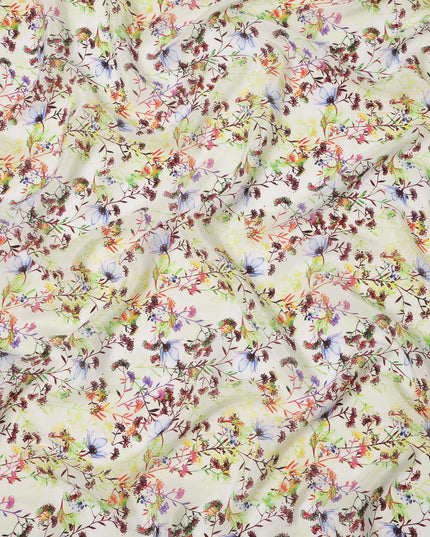 Cream with Multicolor Wild Floral and Vine Digital Print Synthetic Crepe Fabric, Soft Botanical Pattern, 110 Cms Width, Made in India-D23773
