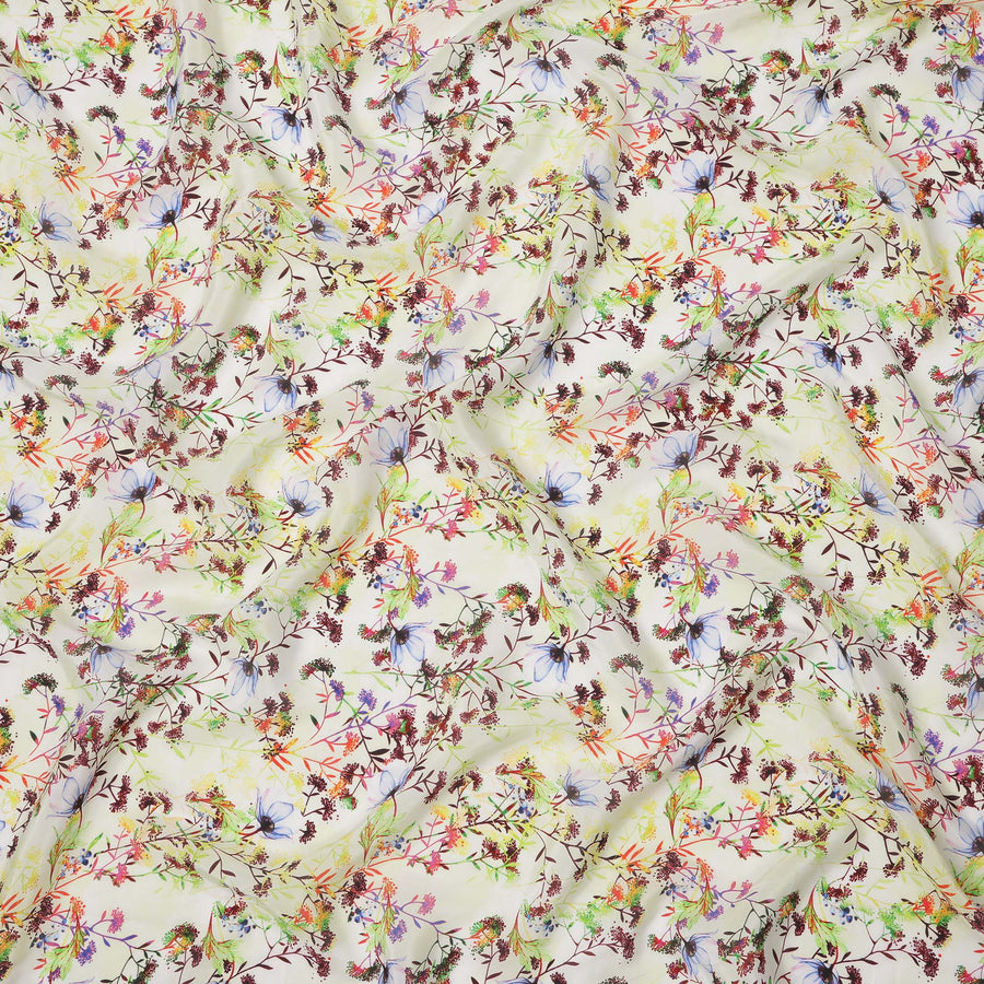 Cream with Multicolor Wild Floral and Vine Digital Print Synthetic Crepe Fabric, Soft Botanical Pattern, 110 Cms Width, Made in India-D23773