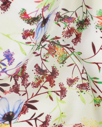 Cream with Multicolor Wild Floral and Vine Digital Print Synthetic Crepe Fabric, Soft Botanical Pattern, 110 Cms Width, Made in India-D23773
