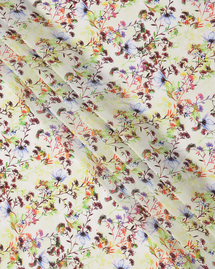 Cream with Multicolor Wild Floral and Vine Digital Print Synthetic Crepe Fabric, Soft Botanical Pattern, 110 Cms Width, Made in India-D23773