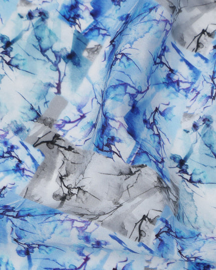 قماش كريب صناعي بطبعة أوراق مائية تجريدية باللونين الأزرق السماوي والرمادي، بتصميم رقمي معاصر، عرض 110 سم، صنع في الهند - D23774