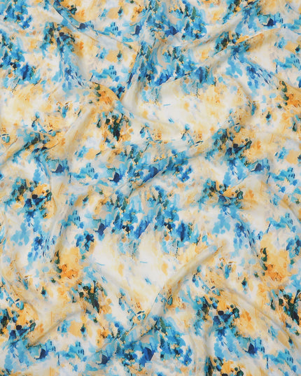 Ivory with Blue and Yellow Splash Abstract Digital Print Synthetic Crepe Fabric, Artistic Watercolor-Inspired Design, 110 Cms Width, Made in India-D23775