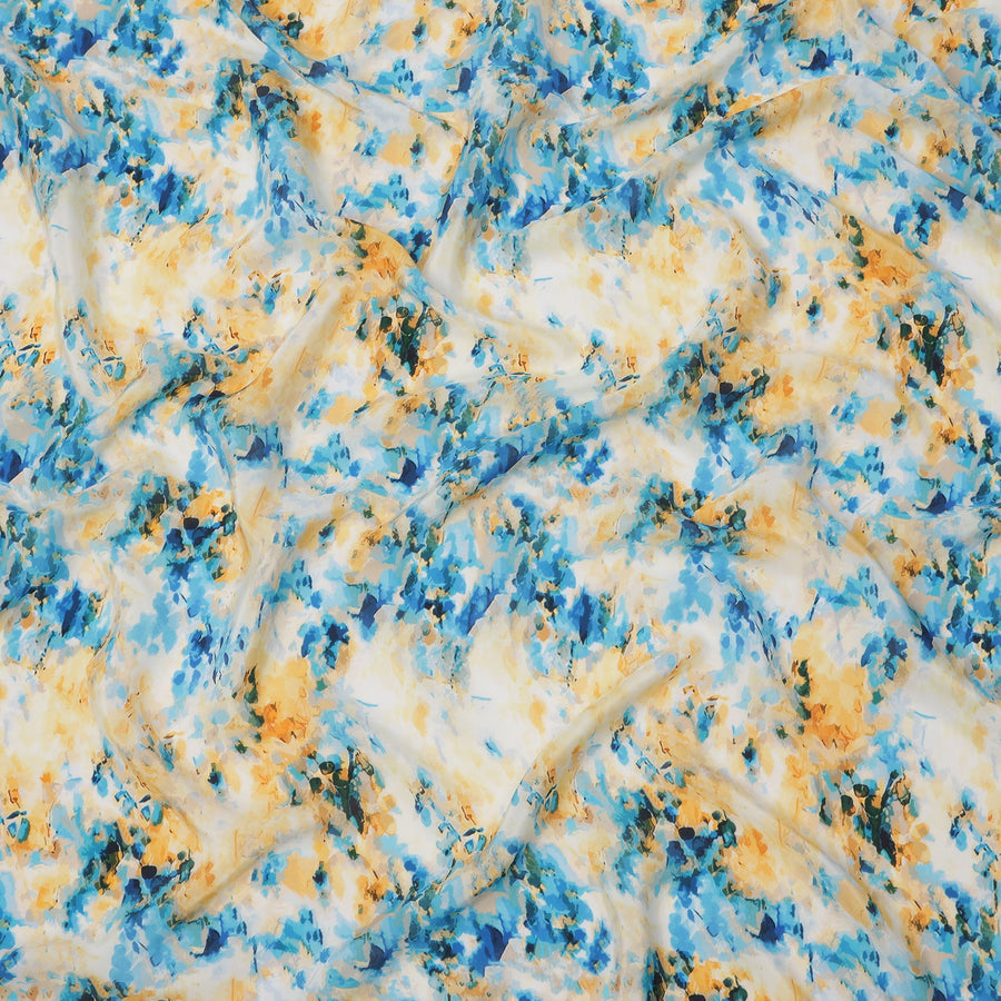 Ivory with Blue and Yellow Splash Abstract Digital Print Synthetic Crepe Fabric, Artistic Watercolor-Inspired Design, 110 Cms Width, Made in India-D23775