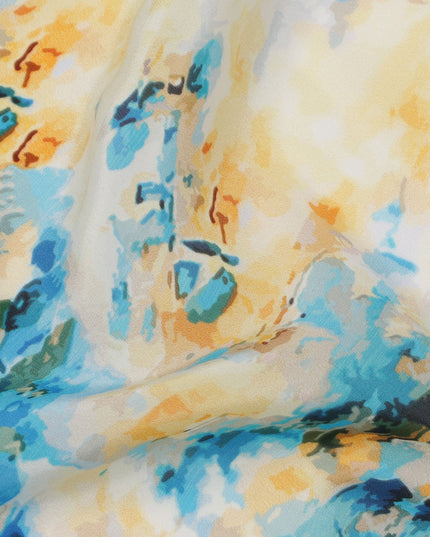 Ivory with Blue and Yellow Splash Abstract Digital Print Synthetic Crepe Fabric, Artistic Watercolor-Inspired Design, 110 Cms Width, Made in India-D23775