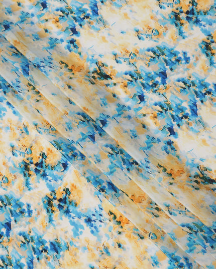 Ivory with Blue and Yellow Splash Abstract Digital Print Synthetic Crepe Fabric, Artistic Watercolor-Inspired Design, 110 Cms Width, Made in India-D23775