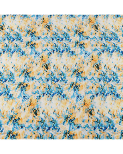 Ivory with Blue and Yellow Splash Abstract Digital Print Synthetic Crepe Fabric, Artistic Watercolor-Inspired Design, 110 Cms Width, Made in India-D23775