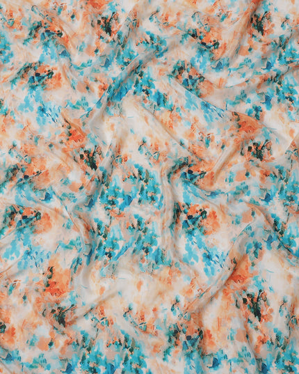 Ivory Base with Orange and Blue Abstract Digital Splash Print Synthetic Crepe Fabric, Artistic Watercolor-Inspired Pattern, 110 Cms Width, Made in India-D23776