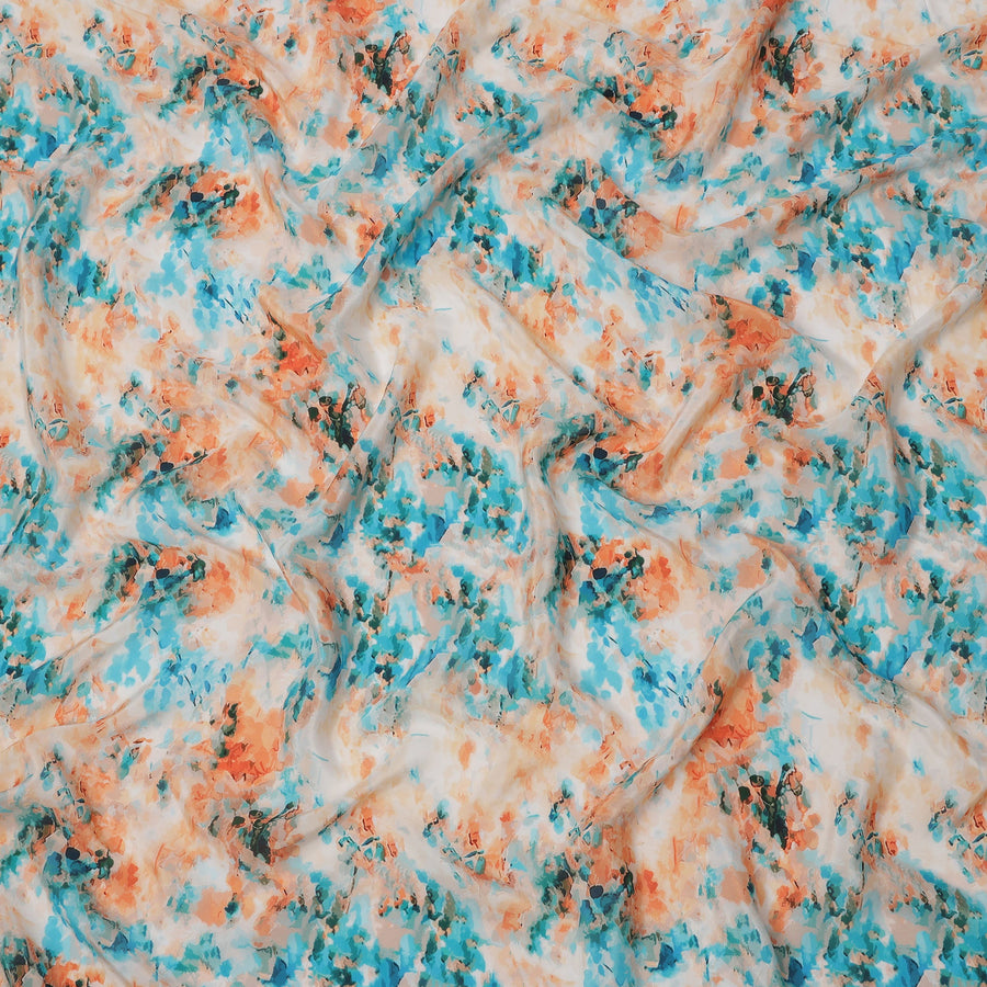 Ivory Base with Orange and Blue Abstract Digital Splash Print Synthetic Crepe Fabric, Artistic Watercolor-Inspired Pattern, 110 Cms Width, Made in India-D23776