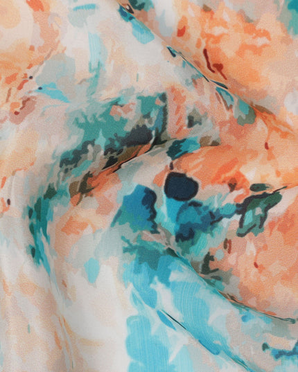 Ivory Base with Orange and Blue Abstract Digital Splash Print Synthetic Crepe Fabric, Artistic Watercolor-Inspired Pattern, 110 Cms Width, Made in India-D23776