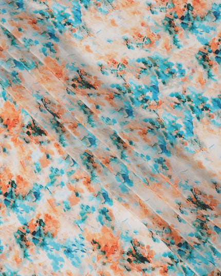 Ivory Base with Orange and Blue Abstract Digital Splash Print Synthetic Crepe Fabric, Artistic Watercolor-Inspired Pattern, 110 Cms Width, Made in India-D23776