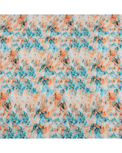 Ivory Base with Orange and Blue Abstract Digital Splash Print Synthetic Crepe Fabric, Artistic Watercolor-Inspired Pattern, 110 Cms Width, Made in India-D23776
