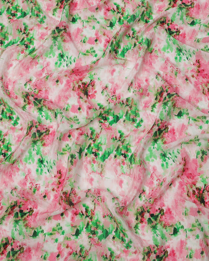 White Base with Pink and Green Splash Digital Abstract Print Synthetic Crepe Fabric, Watercolor-Inspired Artistic Design, 110 Cms Width, Made in India-D23777