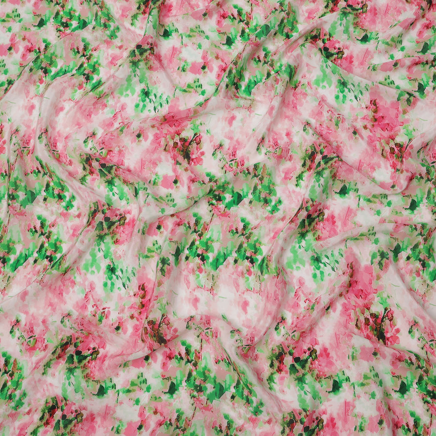 White Base with Pink and Green Splash Digital Abstract Print Synthetic Crepe Fabric, Watercolor-Inspired Artistic Design, 110 Cms Width, Made in India-D23777