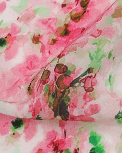White Base with Pink and Green Splash Digital Abstract Print Synthetic Crepe Fabric, Watercolor-Inspired Artistic Design, 110 Cms Width, Made in India-D23777