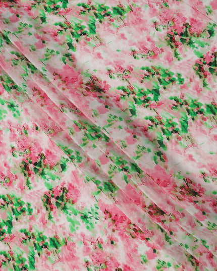 White Base with Pink and Green Splash Digital Abstract Print Synthetic Crepe Fabric, Watercolor-Inspired Artistic Design, 110 Cms Width, Made in India-D23777