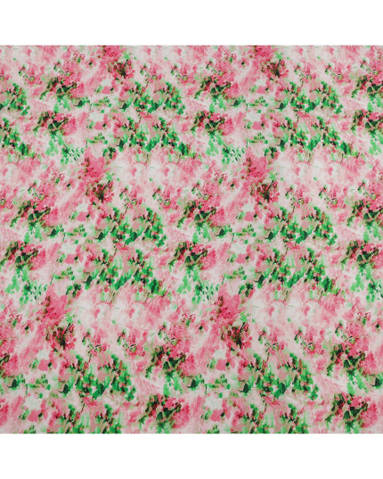 White Base with Pink and Green Splash Digital Abstract Print Synthetic Crepe Fabric, Watercolor-Inspired Artistic Design, 110 Cms Width, Made in India-D23777