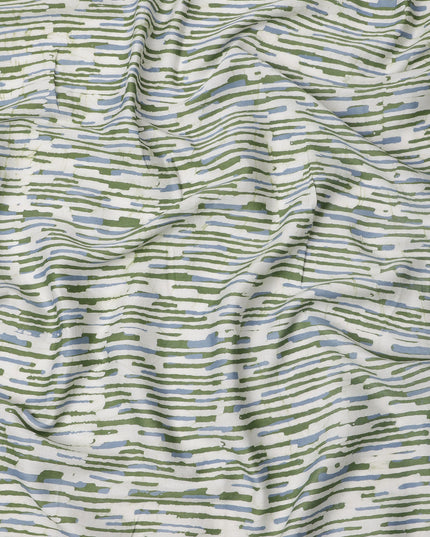 White Base with Olive Green and Blue Abstract Striped Print Cotton Lawn Fabric, Artistic Linework Design, 110 Cms Width, Made in India-D23778