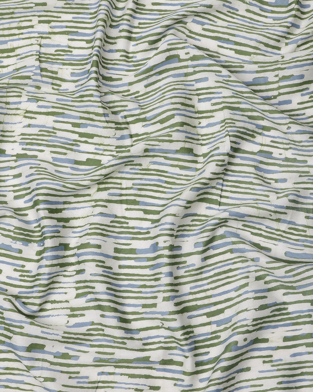 White Base with Olive Green and Blue Abstract Striped Print Cotton Lawn Fabric, Artistic Linework Design, 110 Cms Width, Made in India-D23778