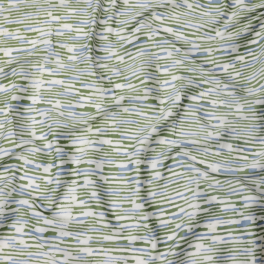 White Base with Olive Green and Blue Abstract Striped Print Cotton Lawn Fabric, Artistic Linework Design, 110 Cms Width, Made in India-D23778