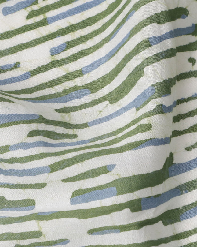 White Base with Olive Green and Blue Abstract Striped Print Cotton Lawn Fabric, Artistic Linework Design, 110 Cms Width, Made in India-D23778