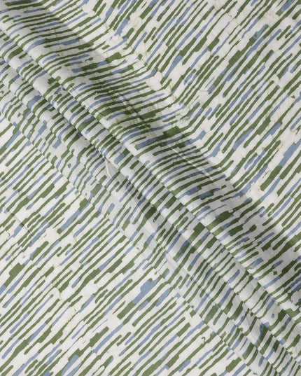 White Base with Olive Green and Blue Abstract Striped Print Cotton Lawn Fabric, Artistic Linework Design, 110 Cms Width, Made in India-D23778