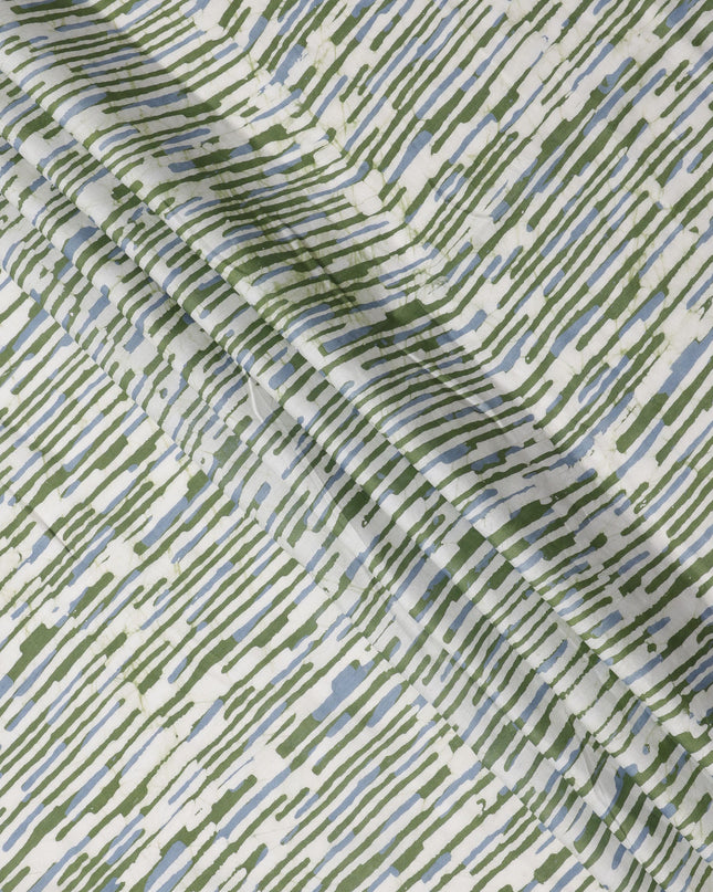 White Base with Olive Green and Blue Abstract Striped Print Cotton Lawn Fabric, Artistic Linework Design, 110 Cms Width, Made in India-D23778