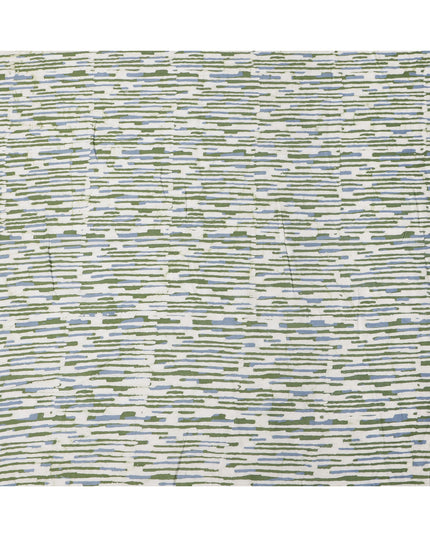 White Base with Olive Green and Blue Abstract Striped Print Cotton Lawn Fabric, Artistic Linework Design, 110 Cms Width, Made in India-D23778