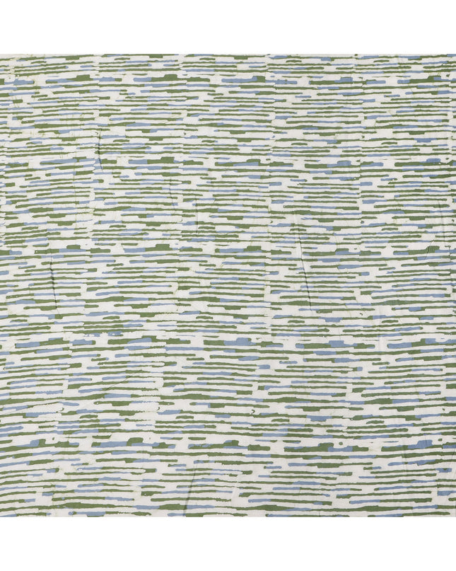White Base with Olive Green and Blue Abstract Striped Print Cotton Lawn Fabric, Artistic Linework Design, 110 Cms Width, Made in India-D23778