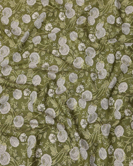 Olive Green Base with White Floral Sketch Print Cotton Lawn Fabric, Botanical Line Art Inspired Design, 110 Cms Width, Made in India-D23779