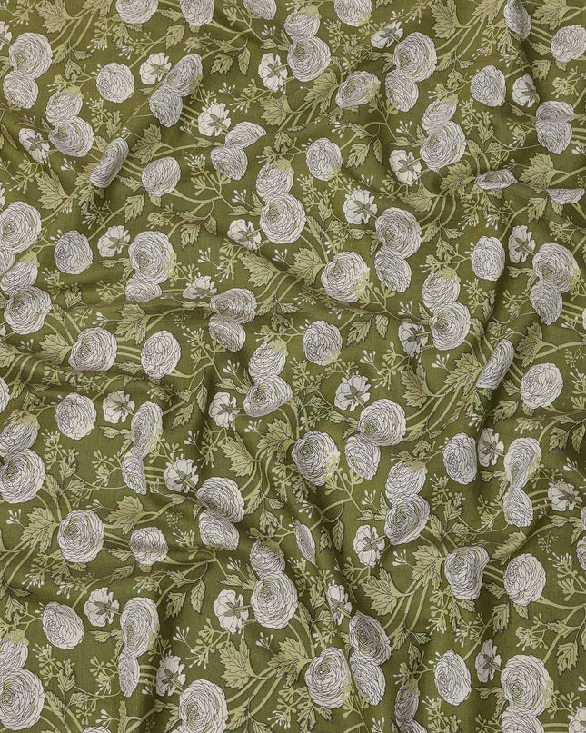 Olive Green Base with White Floral Sketch Print Cotton Lawn Fabric, Botanical Line Art Inspired Design, 110 Cms Width, Made in India-D23779