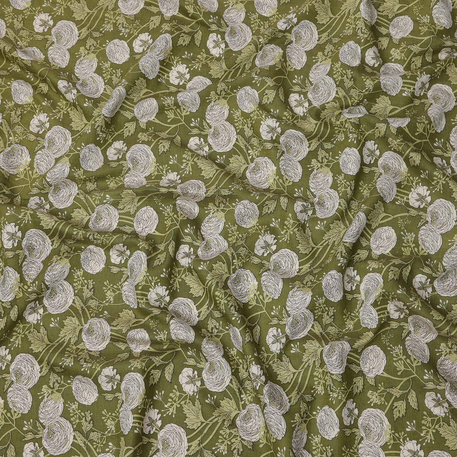 Olive Green Base with White Floral Sketch Print Cotton Lawn Fabric, Botanical Line Art Inspired Design, 110 Cms Width, Made in India-D23779