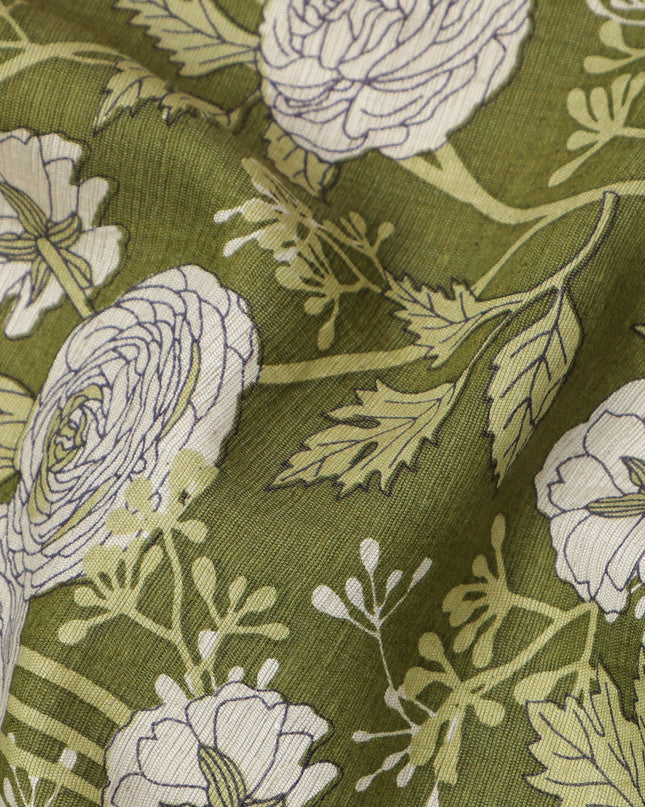Olive Green Base with White Floral Sketch Print Cotton Lawn Fabric, Botanical Line Art Inspired Design, 110 Cms Width, Made in India-D23779
