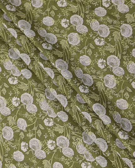 Olive Green Base with White Floral Sketch Print Cotton Lawn Fabric, Botanical Line Art Inspired Design, 110 Cms Width, Made in India-D23779