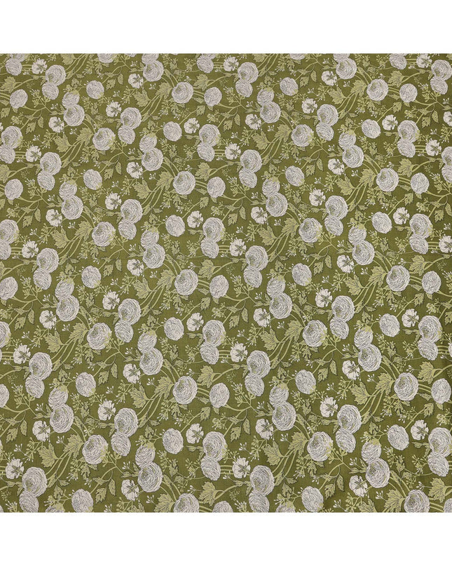 Olive Green Base with White Floral Sketch Print Cotton Lawn Fabric, Botanical Line Art Inspired Design, 110 Cms Width, Made in India-D23779