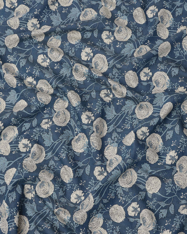 Deep Blue Base with Beige and Blue Botanical Sketch Floral Print Cotton Lawn Fabric, Artistic Hand-Drawn Design, 110 Cms Width, Made in India-D23780 - Regal Fabrics