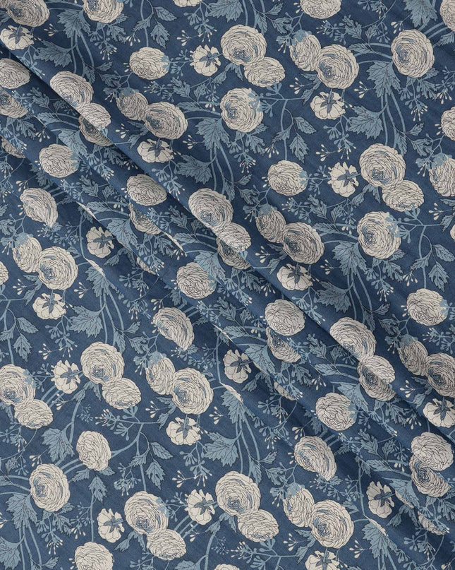 Deep Blue Base with Beige and Blue Botanical Sketch Floral Print Cotton Lawn Fabric, Artistic Hand-Drawn Design, 110 Cms Width, Made in India-D23780 - Regal Fabrics