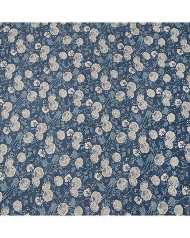 Deep Blue Base with Beige and Blue Botanical Sketch Floral Print Cotton Lawn Fabric, Artistic Hand-Drawn Design, 110 Cms Width, Made in India-D23780 - Regal Fabrics
