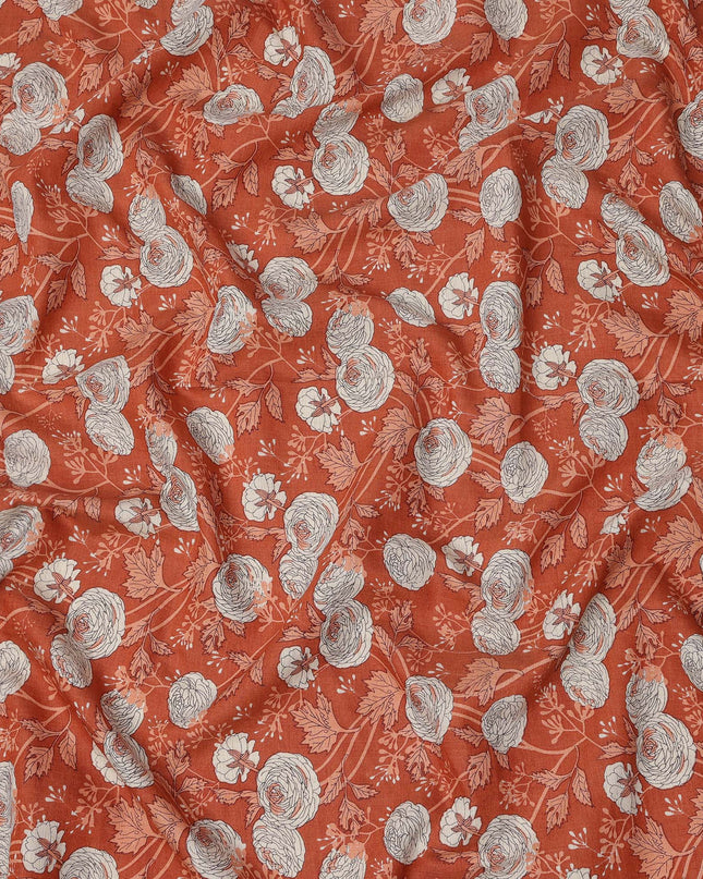 Rust Orange Base with White and Coral Botanical Floral Sketch Print Cotton Lawn Fabric, Hand-Drawn Floral Design, 110 Cms Width, Made in India-D23781