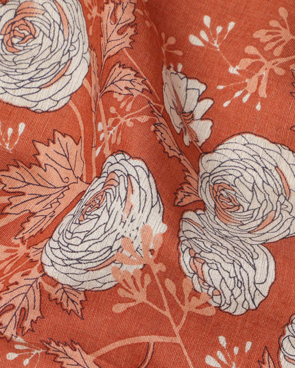 Rust Orange Base with White and Coral Botanical Floral Sketch Print Cotton Lawn Fabric, Hand-Drawn Floral Design, 110 Cms Width, Made in India-D23781