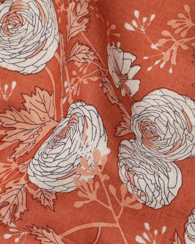 Rust Orange Base with White and Coral Botanical Floral Sketch Print Cotton Lawn Fabric, Hand-Drawn Floral Design, 110 Cms Width, Made in India-D23781