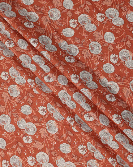 Rust Orange Base with White and Coral Botanical Floral Sketch Print Cotton Lawn Fabric, Hand-Drawn Floral Design, 110 Cms Width, Made in India-D23781