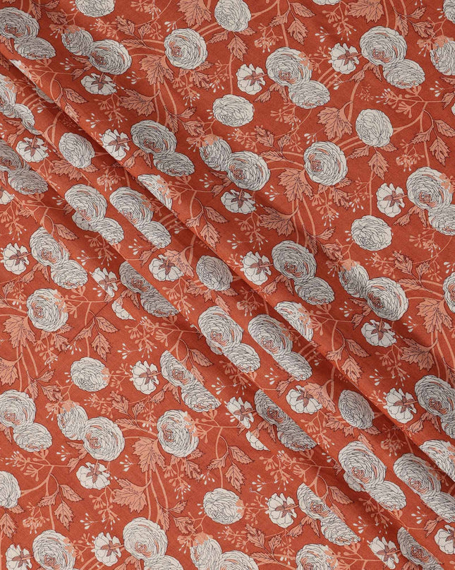 Rust Orange Base with White and Coral Botanical Floral Sketch Print Cotton Lawn Fabric, Hand-Drawn Floral Design, 110 Cms Width, Made in India-D23781