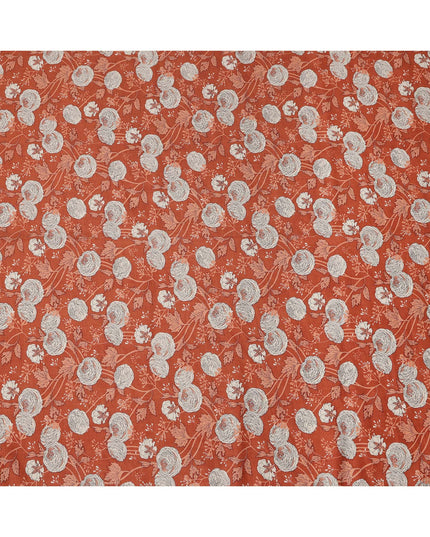 Rust Orange Base with White and Coral Botanical Floral Sketch Print Cotton Lawn Fabric, Hand-Drawn Floral Design, 110 Cms Width, Made in India-D23781