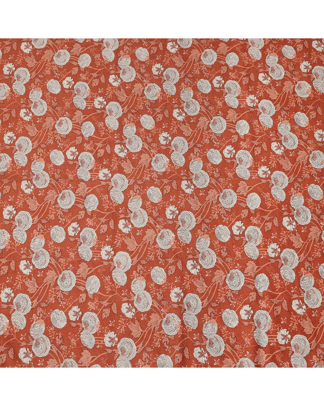 Rust Orange Base with White and Coral Botanical Floral Sketch Print Cotton Lawn Fabric, Hand-Drawn Floral Design, 110 Cms Width, Made in India-D23781