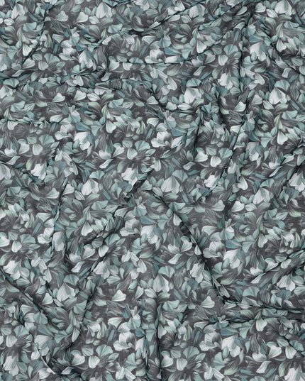 Charcoal Grey Base with Mint and Ivory All-Over Leaf Print Cotton Voile Fabric, Breezy Foliage Design, 110 Cms Width, Made in India-D23782