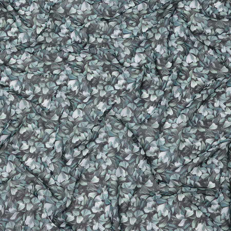 Charcoal Grey Base with Mint and Ivory All-Over Leaf Print Cotton Voile Fabric, Breezy Foliage Design, 110 Cms Width, Made in India-D23782