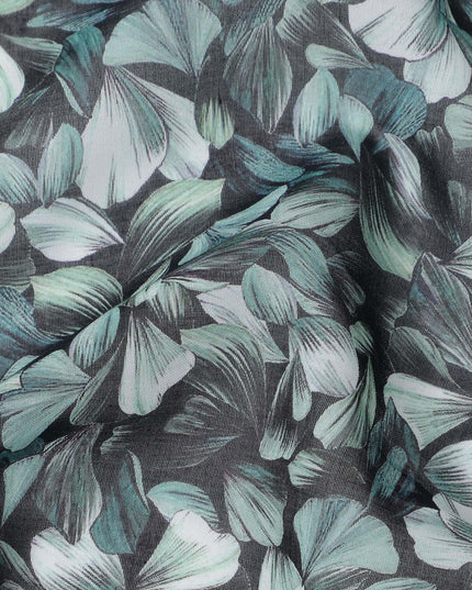 Charcoal Grey Base with Mint and Ivory All-Over Leaf Print Cotton Voile Fabric, Breezy Foliage Design, 110 Cms Width, Made in India-D23782