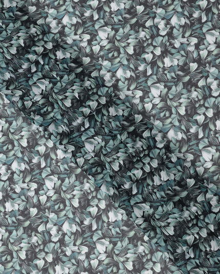 Charcoal Grey Base with Mint and Ivory All-Over Leaf Print Cotton Voile Fabric, Breezy Foliage Design, 110 Cms Width, Made in India-D23782